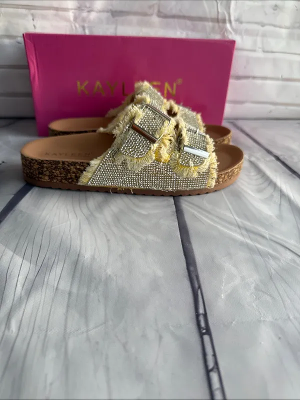 KAYLEEN By Los Angeles Stevie in Yellow Frayed Double-Buckle Rhinestone Slides - Image 4