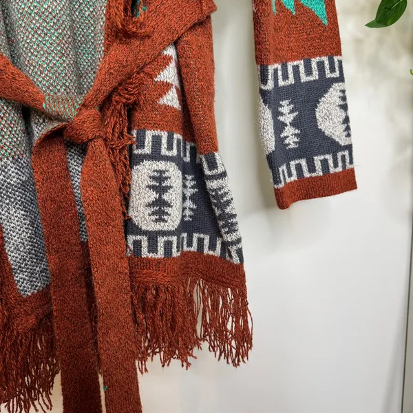 Wrangler Boho Western Aztec Print Fringe Belted Cardigan size XL - Image 9