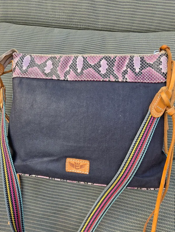 Consuela Downtown Flynn Coated Canvas Snakeskin Black Purple Crossbody Purse - Image 3