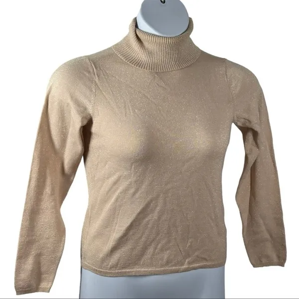 New York & Company Pink Rose Gold Glitter Turtleneck Sweater Small Y2K Fitted - Image 3