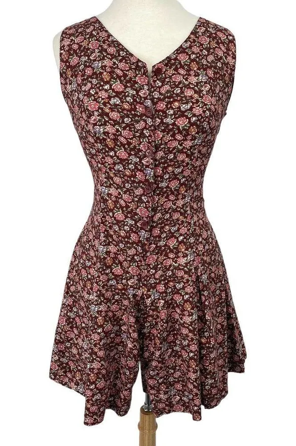 Vintage Sostanza Romper Ditsy Floral Button Front Mini Dress Burgundy Womens M - Image 3