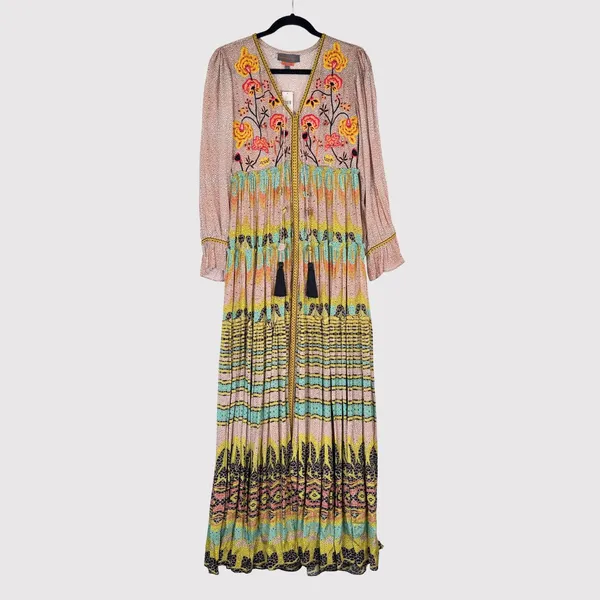 NWT Bhanuni by Jyoti Dress Pink Giorgia Maxi Floral V Neck Puffed Boho Size 2 - Image 2