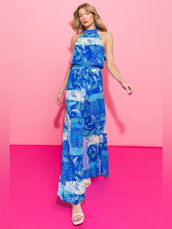 Flying Tomato Blue Halter Jumpsuit with Tropical Print Size NEW - Image 3