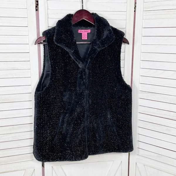 Betsey Johnson Faux‎ Fur Vest Black Metallic Silver Shimmer Large - Image 7
