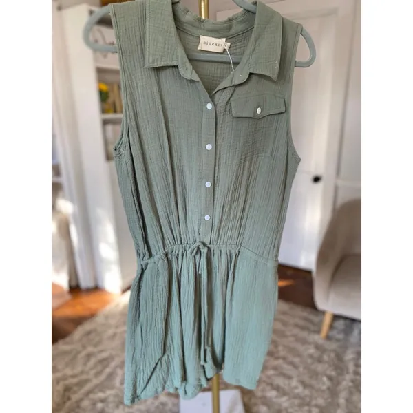 Ninexis Sage‎ Cotton Gauze Romper Collared Button Summer L Quiet Luxury Beachy - Image 2