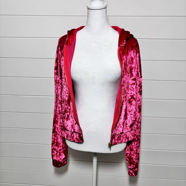 Fabletics Crushed Velour Full Zip Hoodie Jacket Size‎ S Red Strawberry New - Image 6