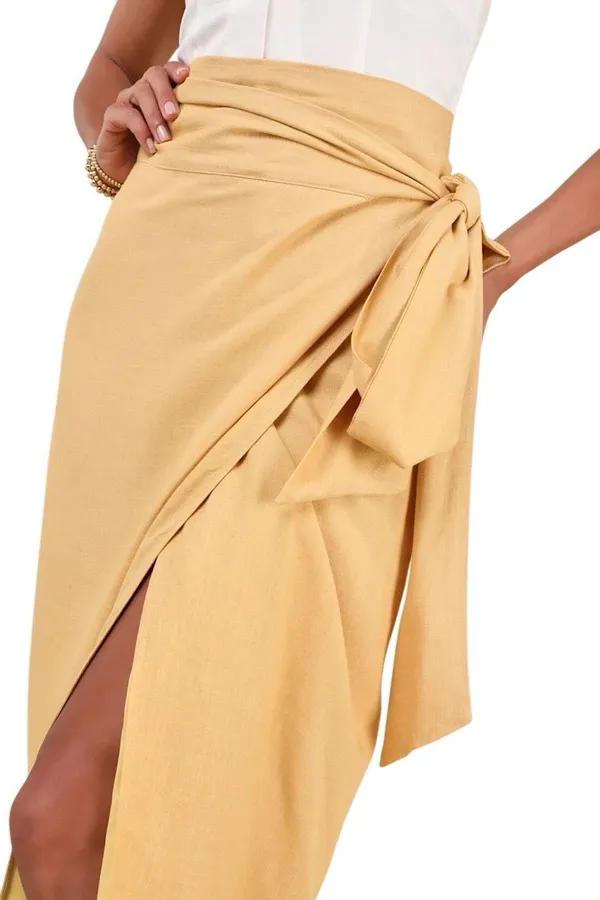 Lulus NWT Breezy Personality Yellow Linen Midi Wrap Skirt Medium - Image 4