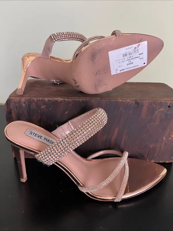 Steve Madden Rose Gold Crystal Strap Camina Slide Heels - Image 4