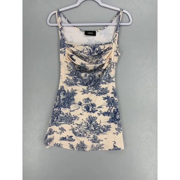 Cider Womens Mini Dress Blue Toile Print Cowl Neck Sleeveless Small - Image 2