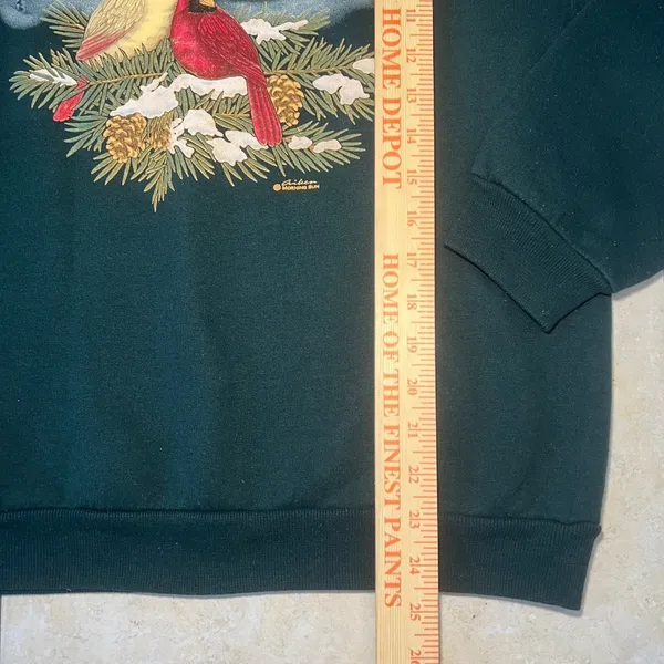 VTG 90s Morning Sun Cardinal Winter Scene Collared Sweatshirt Womens M Green - Image 3