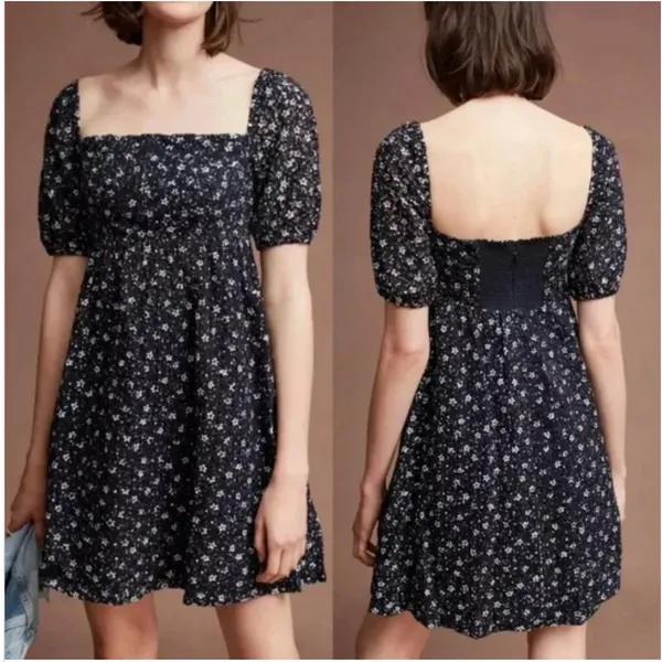 Anthropologie Maeve Navy Lillianne Floral Puff Sleeve‎ Eyelet Mini Dress Size 4 - Image 2