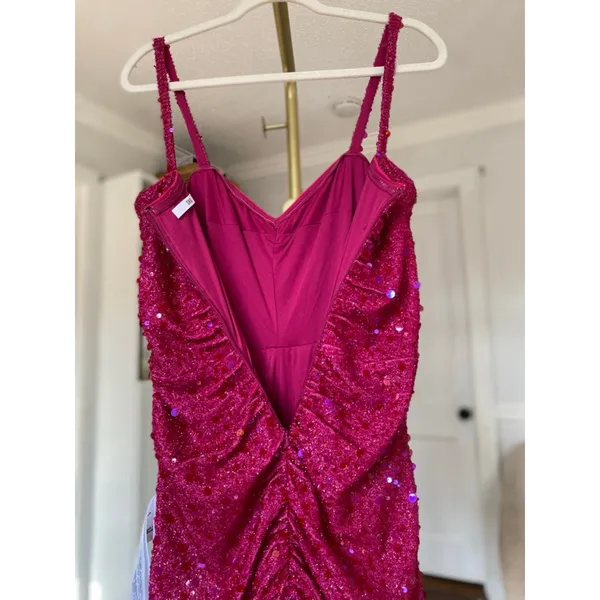 Sho‎ Hot Pink Sequin Ruched Mini Dress Cocktail Party Prom Gala Wedding Event L - Image 3