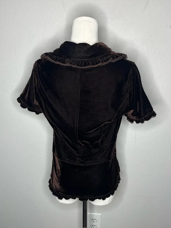 Y2K Vintage Chocolate Brown Velvet Ruffle Collar Tie Front Fairy Grunge Top - Image 6