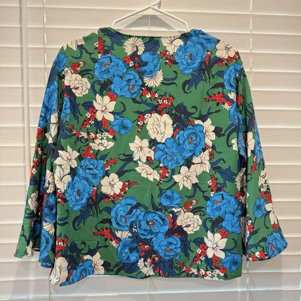Zara Green Blue White Preppy Floral Bell Sleeve Modest High‎ Neck Blouse Size S - Image 8