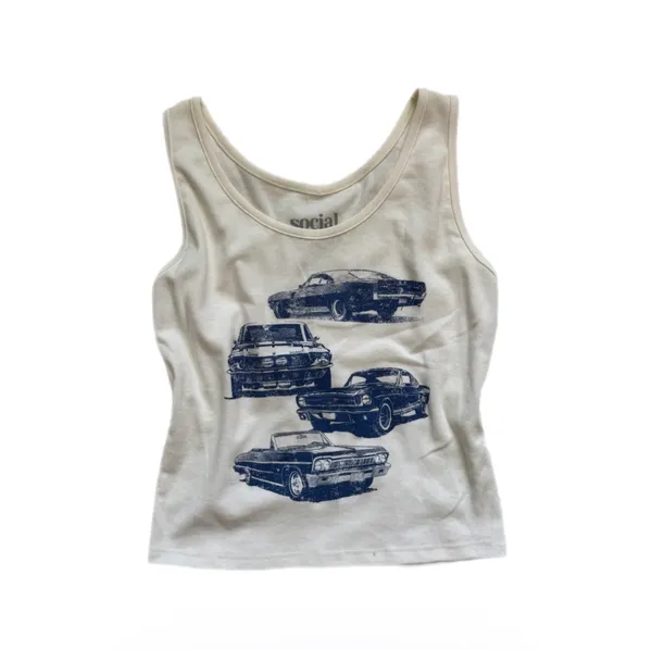 M Social Scene Brandy Melville Cream Beige Tank Top Navy Car Graphic Juniors Women’s Summer - Image 2
