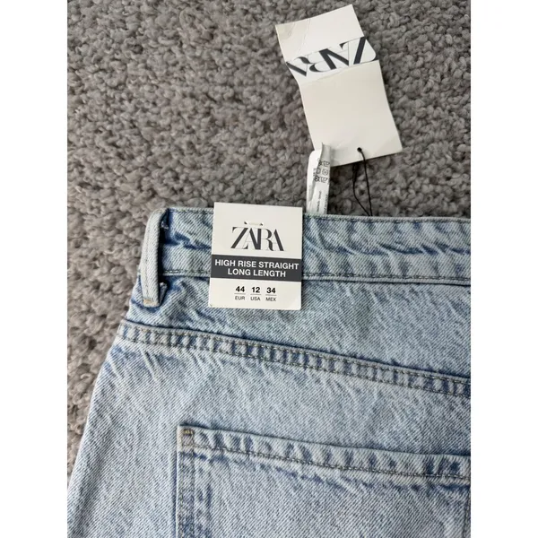 NWT Zara High Rise Straight Long Length Jeans Light Wash Acid Denim Size 12 EUR - Image 10