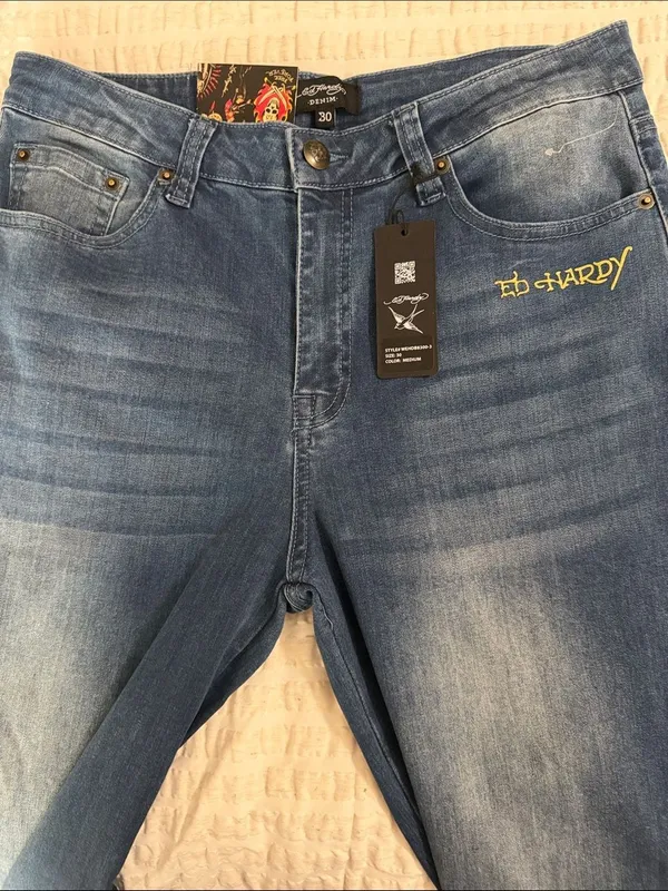 Ed Hardy Wide Leg High Rise Denim Jeans in Medium Blue - Image 7