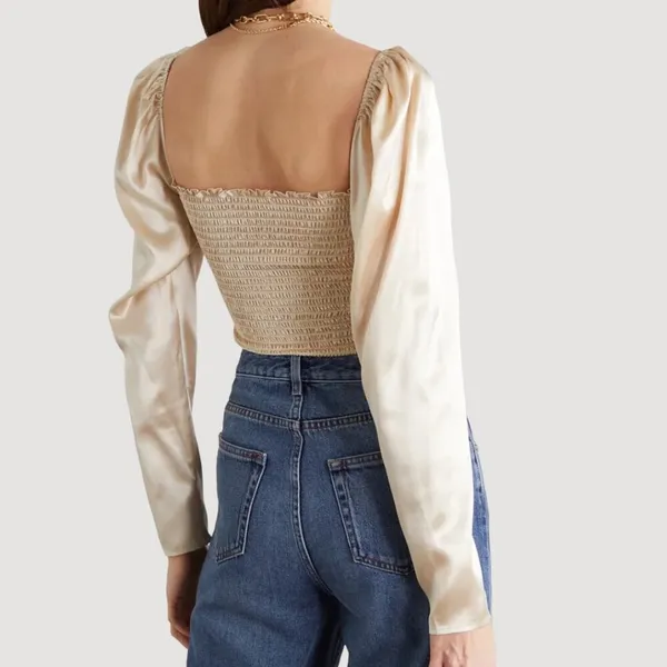 💖 NWT Reformation 100% Silk Roe Puff Sleeve Shirred Blouse in Champagne Gold - Image 2