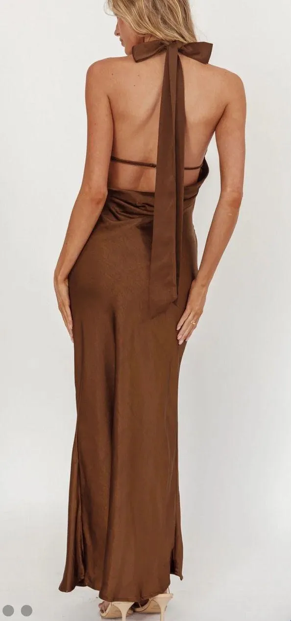 Selfie Leslie Crossover Halterneck Maxi Dress Chocolate - Image 2