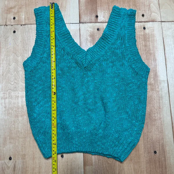Illustrations Vintage Teal Chunky Knit V-Neck Sweater‎ Vest Ramie Cotton Small - Image 2