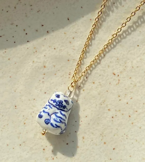 ceramic cute cat boho retro vintage style necklace🐈🩵 - Image 4