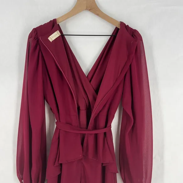 Altar'd State Mini Dress Womens M Red Tie Waist Balloon Sleeve Ruffle Wrap Front - Image 10