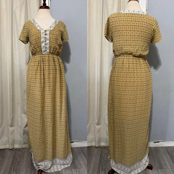 Emberley Women Yellow Geometric Print Maxi Dress Short Sleeve V‎ Neck Bohemian S - Image 2