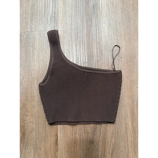 BABATON Sculpt Knit Rich Mocha Brown‎ One Shoulder Crop Top XS - Image 3