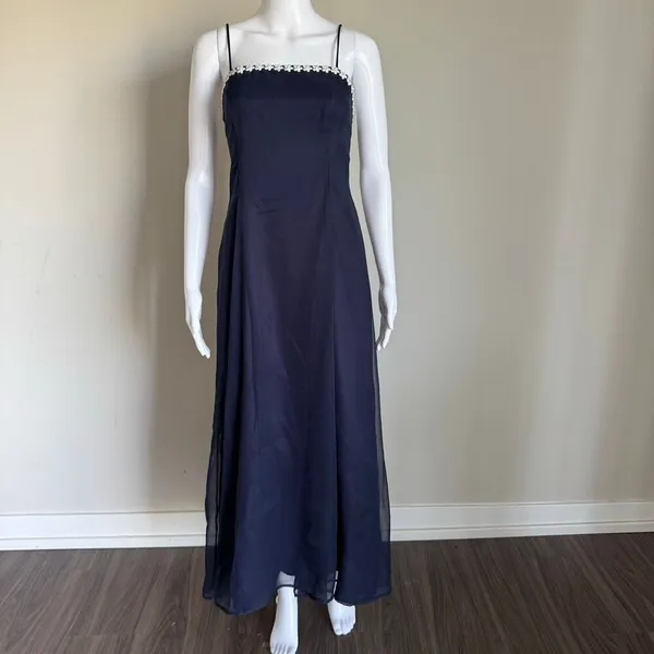 VTG 90’s Chiffon Layered Maxi Dress With Silver Flower Beaded Trim Prom Navy - Image 2