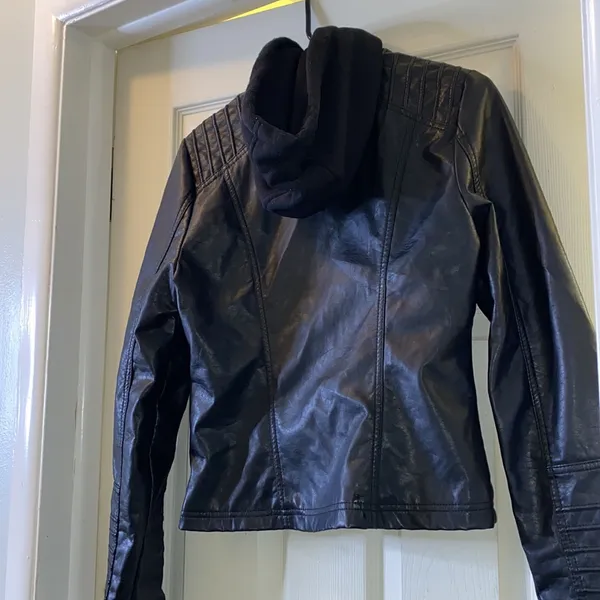 Faux Leather Double Zip Biker Jacket Black - Image 6