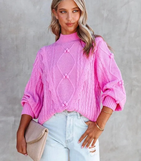 VICI NEW -CHANTEL CABLE KNIT PULLOVER SWEATER - PINK - Image 4