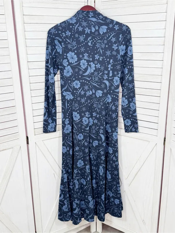 Loft Floral Snowflake Mock Neck Long Sleeve Maxi Dress Blue XS Winter Chic Boho - Image 9