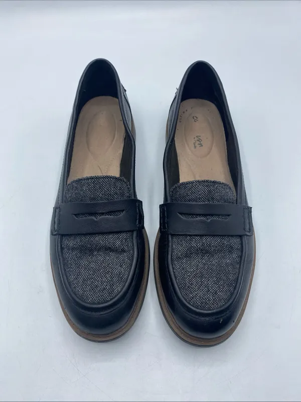 Clarks Raisie Aletta Black Leather Gray Tweed Slip-On Penny Loafers 7M Cushion - Image 8