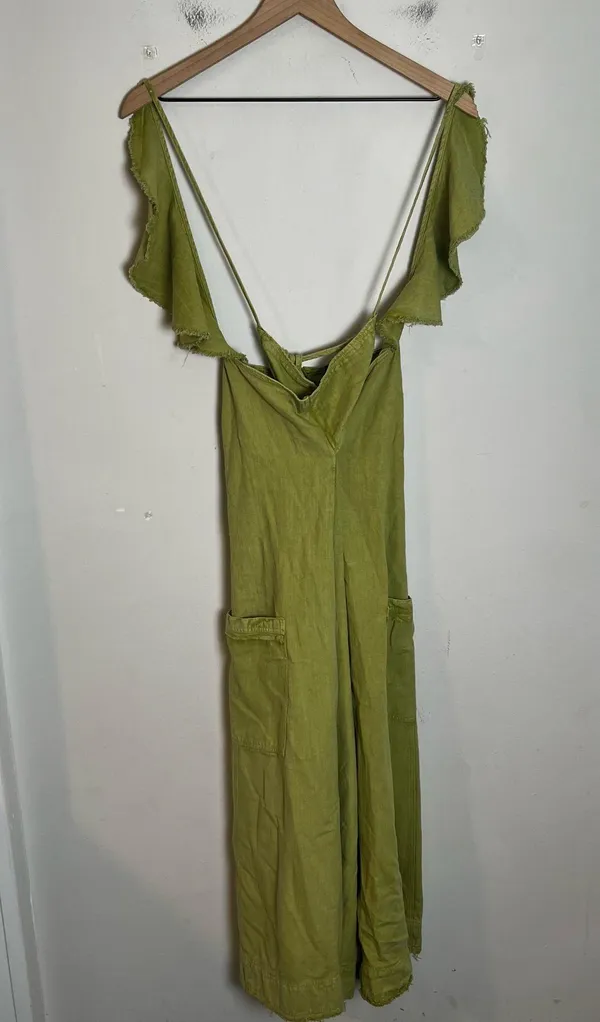 ANTHROPOLOGIE- Pilcro Flutter Sleeve Midi Dress Linen Green Boho Raw Hem Ruffle - Image 5