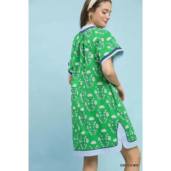 Umgee Printed Split Neck Short Sleeve Shift Dress - Green Mix - Medium - Image 5