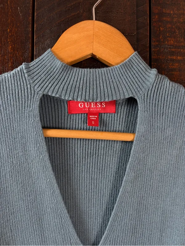 GUESS Ribbed Sleeveless V-cutout Sweater Top in Dusty Teal - Image 2