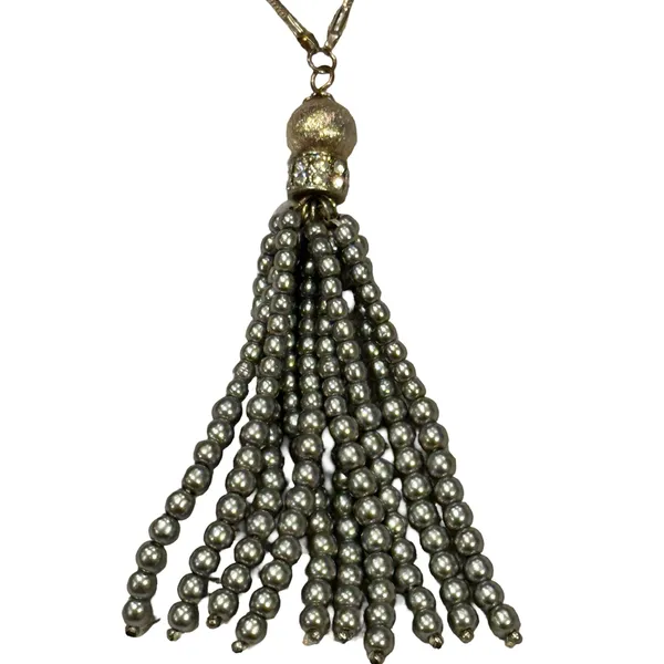 Silver-Tone Tassel Necklace with Faux Pearl Station Beads and Rhinestone Accents - Image 4
