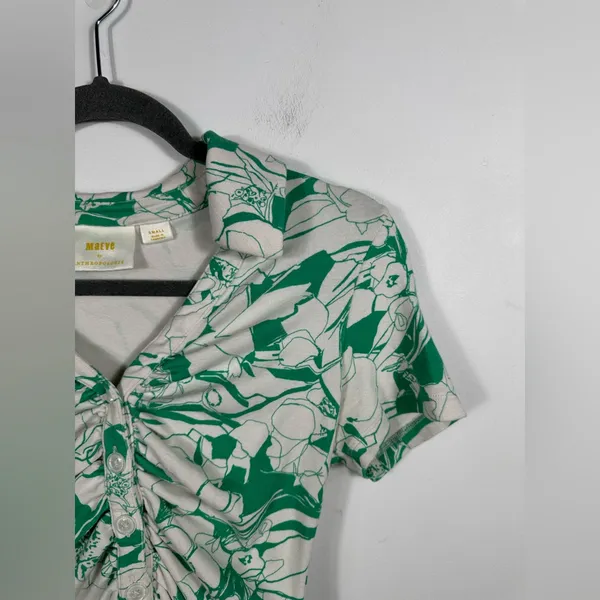 Maeve Anthropologie Green‎ Floral Ruched Button Front Top Size Small Collared - Image 6