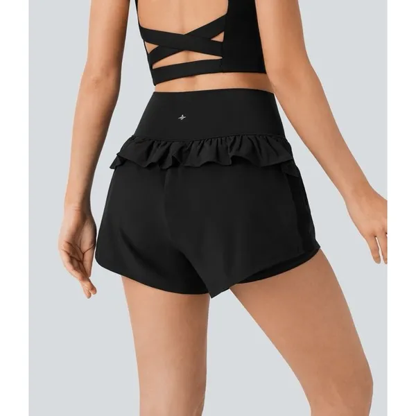 Halara Breezeful High Waisted Ruffle Contrast Mesh Yoga Shorts Black Small - Image 2