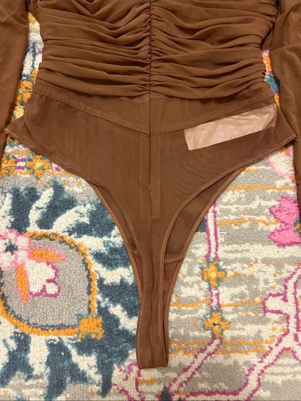 House Of CB Emme Mocha Ruched Chiffon Puff Sleeve Bodysuit Top Size Large - Image 14