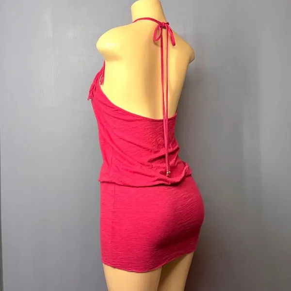 Red Heather Fringe Halter Micro Mini Dress Medium Bodycon - Image 4