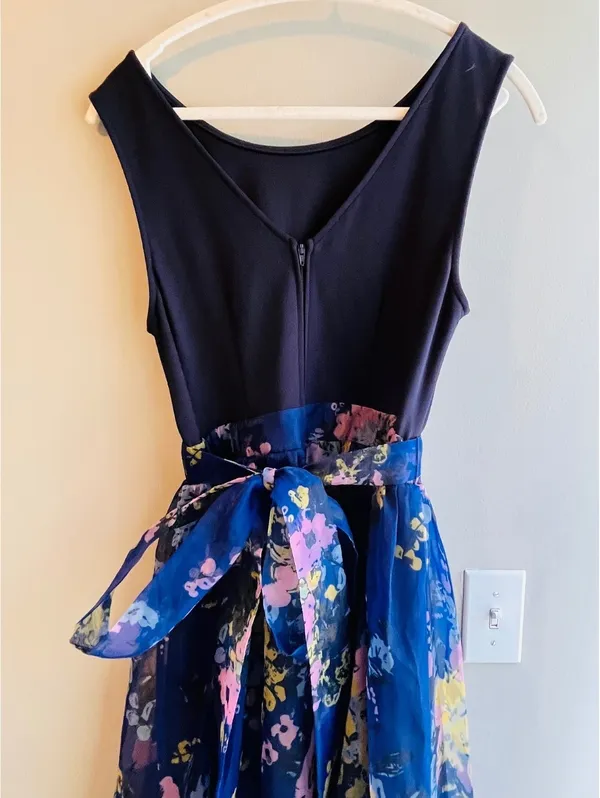 ModCloth Navy Blue Sleeveless Maxi Dress with Floral Organza Overlay and Waist S - Image 4