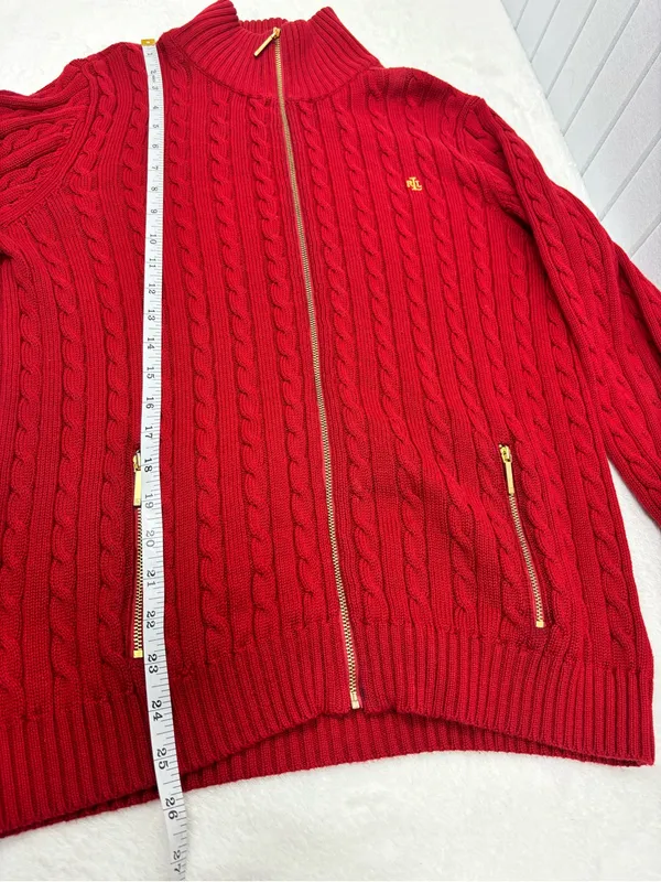 Ralph Lauren Y2K Red Cable-Knit Cotton Zip Cardigan with Gold Accents size L - Image 10
