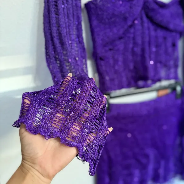 Fairy core 3PC Purple Crochet Set M Festival W Y2K Distressed Crop Top Skirt - Image 6