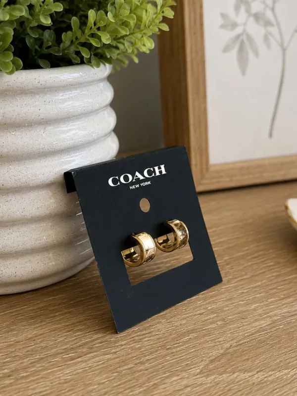 Coach New York Snake-Embossed Leather Gold-Tone Hoop Earrings NWT - Image 2