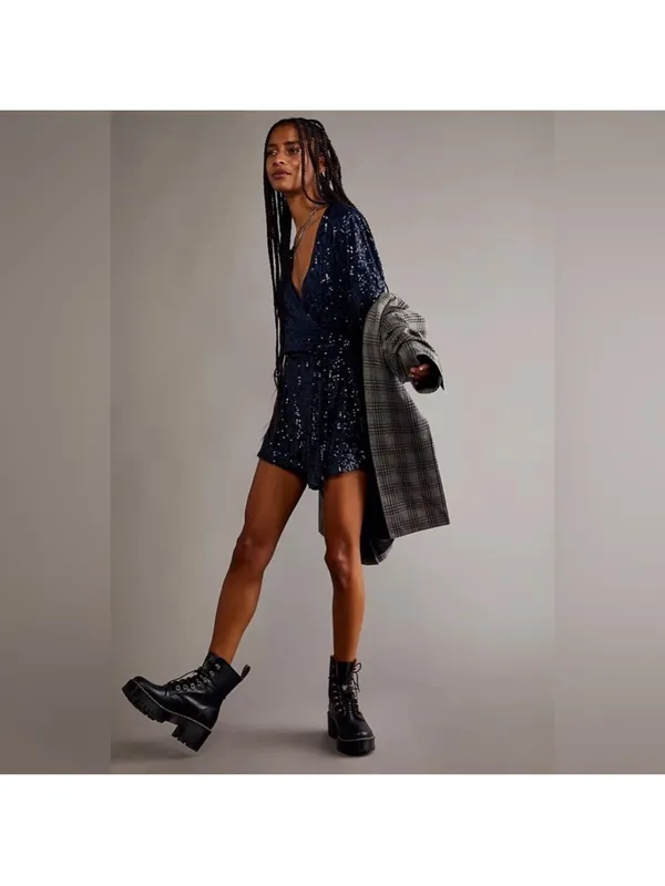 Free People Christa Long Sleeve‎ Sequin Romper Navy Blue Size XS - Image 2