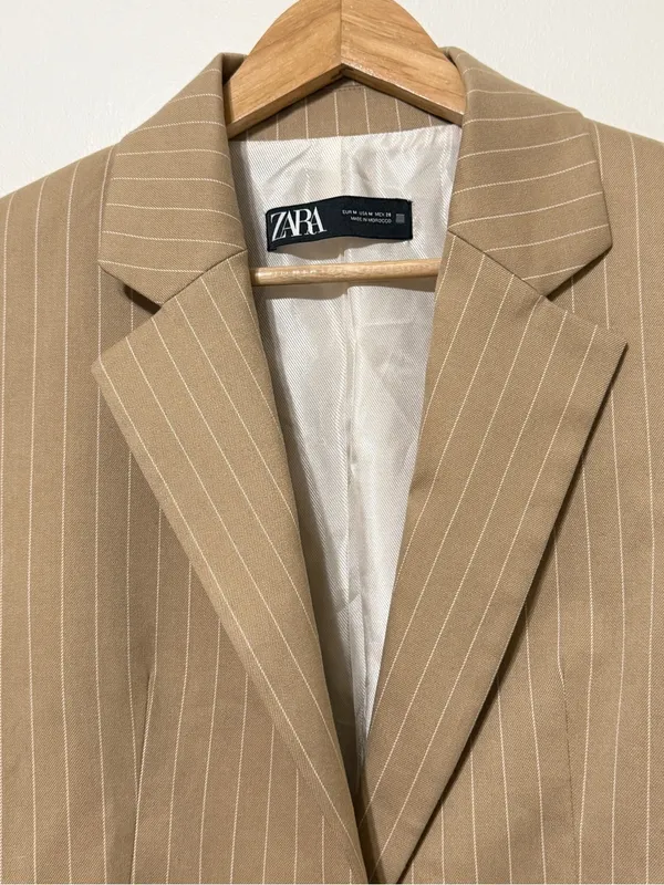 Zara Pinstripe Blazer Size Medium Women’s Tan Blogger Fav - Image 5