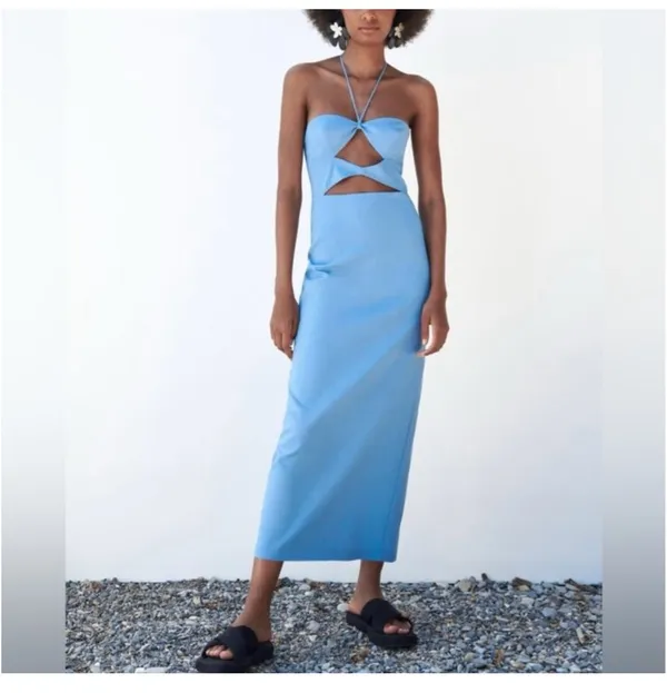 Zara Bright Blue Strapless Cutout Midi Dress - Image 6