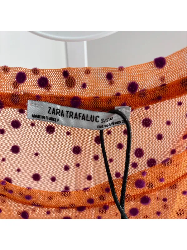 Zara NWT Women's Orange Sheer Mesh Purple Polka Dot Pattern Blouse Top Size S - Image 4