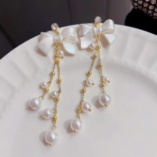 Elegant Bow White Pearl Dangle Drop Earrings for Women,Pearl Earrings - Image 2